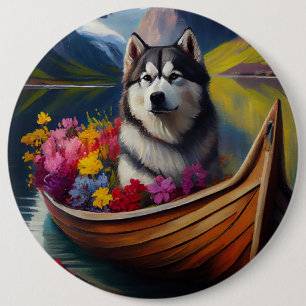 Alaskan Malamute Dog on Paddle: A Scenic Adventure 6 Cm Round Badge