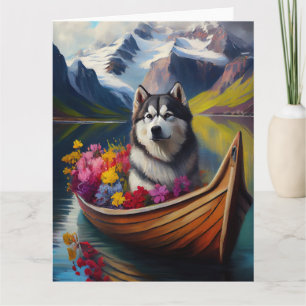 Alaskan Malamute Dog on Paddle: A Scenic Adventure Card