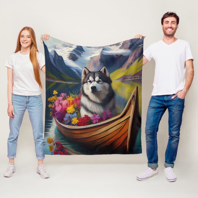Alaskan Malamute Dog on Paddle: A Scenic Adventure Fleece Blanket (In Situ)