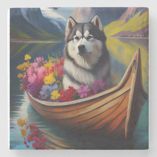 Alaskan Malamute Dog on Paddle: A Scenic Adventure Stone Coaster