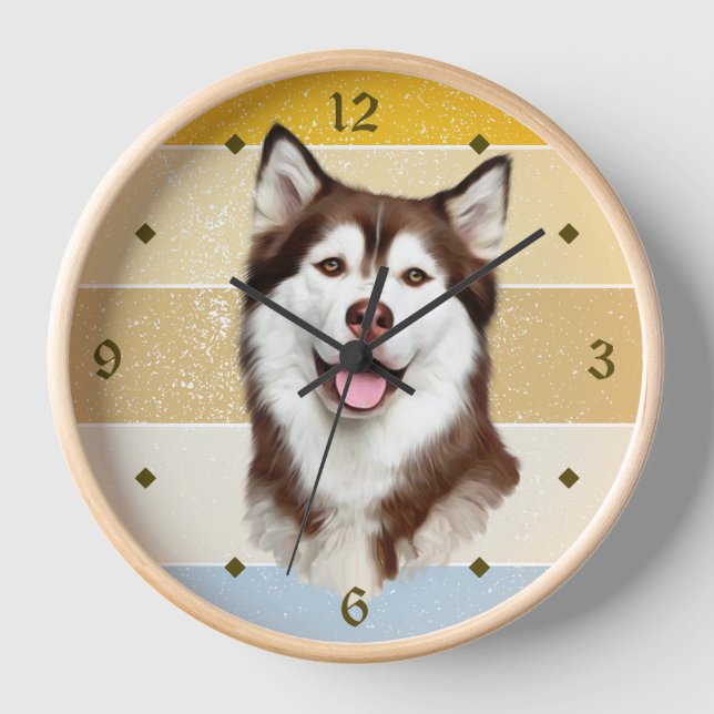 Alaskan Malamute Dog Retro Sunset Clock (Front)