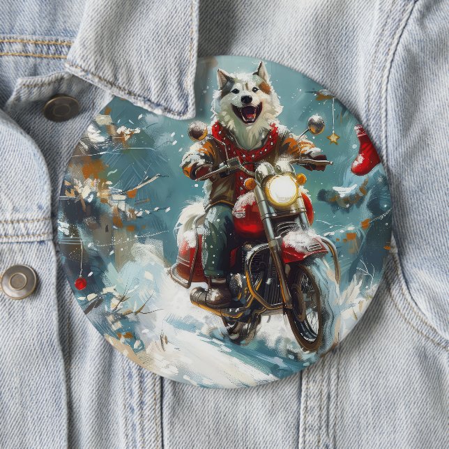 Alaskan Malamute Dog Riding Motorcycle Christmas  6 Cm Round Badge (In Situ)