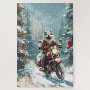 Alaskan Malamute Dog Riding Motorcycle Christmas  Jigsaw Puzzle