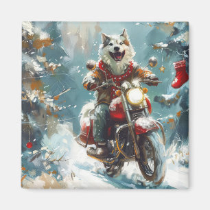 Alaskan Malamute Dog Riding Motorcycle Christmas  Magnet