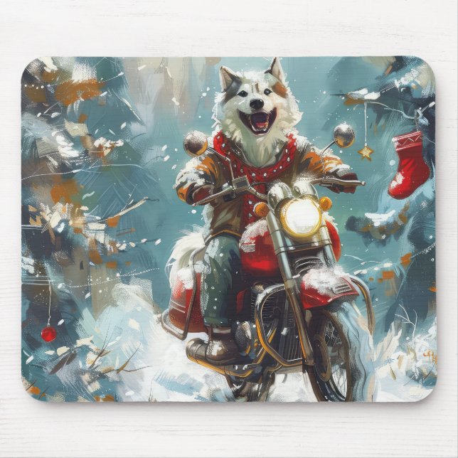 Alaskan Malamute Dog Riding Motorcycle Christmas  Mouse Mat (Front)