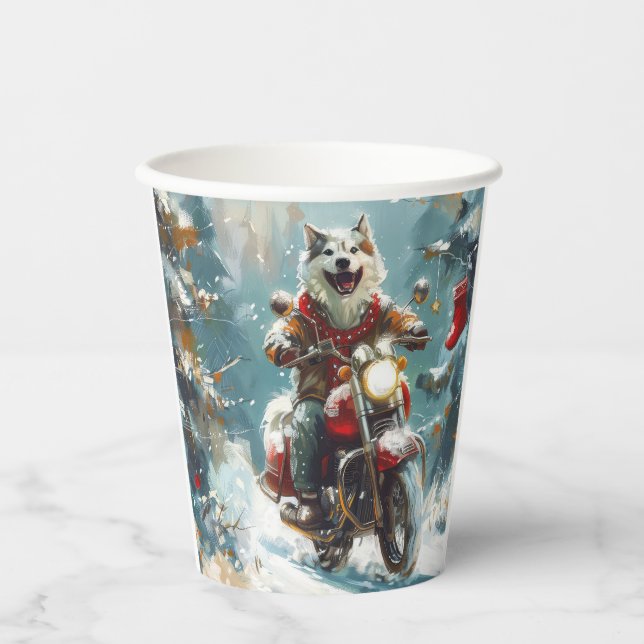 Alaskan Malamute Dog Riding Motorcycle Christmas  Paper Cups (Front)