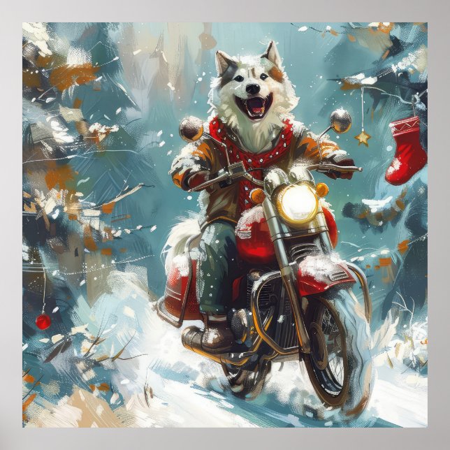 Alaskan Malamute Dog Riding Motorcycle Christmas  Poster (Front)