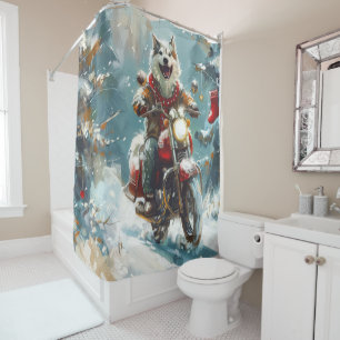 Alaskan Malamute Dog Riding Motorcycle Christmas Shower Curtain
