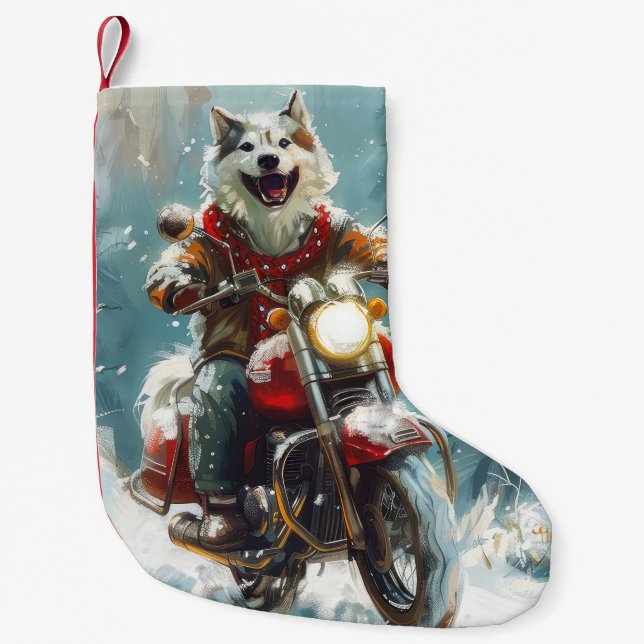 Alaskan Malamute Dog Riding Motorcycle Christmas  Small Christmas Stocking (Front)