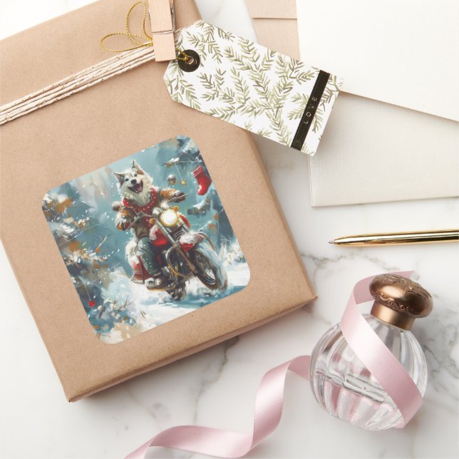 Alaskan Malamute Dog Riding Motorcycle Christmas  Square Sticker (Gifting)