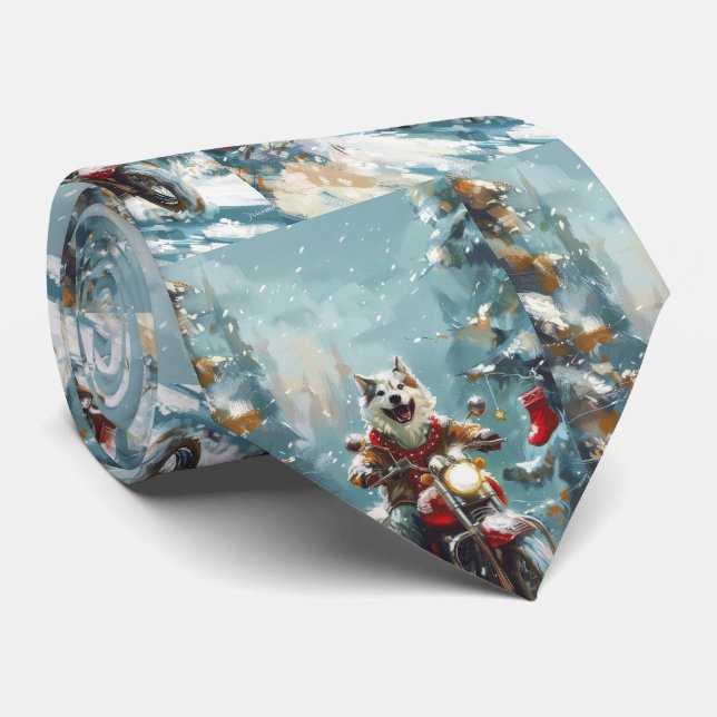 Alaskan Malamute Dog Riding Motorcycle Christmas  Tie (Rolled)