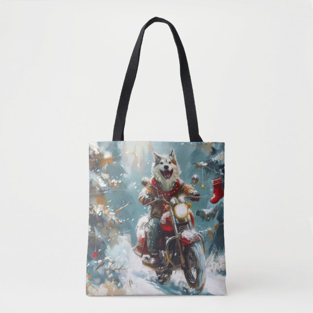 Alaskan Malamute Dog Riding Motorcycle Christmas  Tote Bag (Front)
