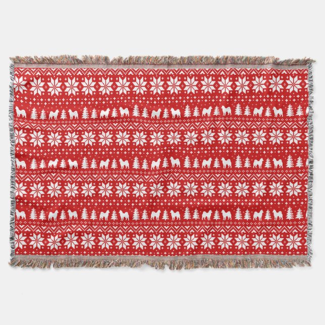 Alaskan Malamute Dog Silhouettes Christmas Red Throw Blanket (Front)