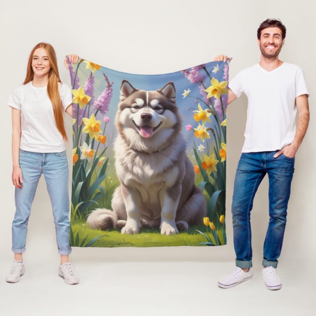 Alaskan Malamute Dog Spring Flowers Painting  Fleece Blanket (In Situ)
