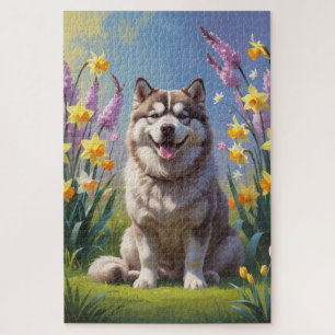 Alaskan Malamute Dog Spring Flowers Painting  Jigsaw Puzzle