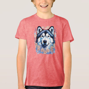 Alaskan Malamute Dog Surrounded By Forget-Me-Nots Tri-Blend Shirt