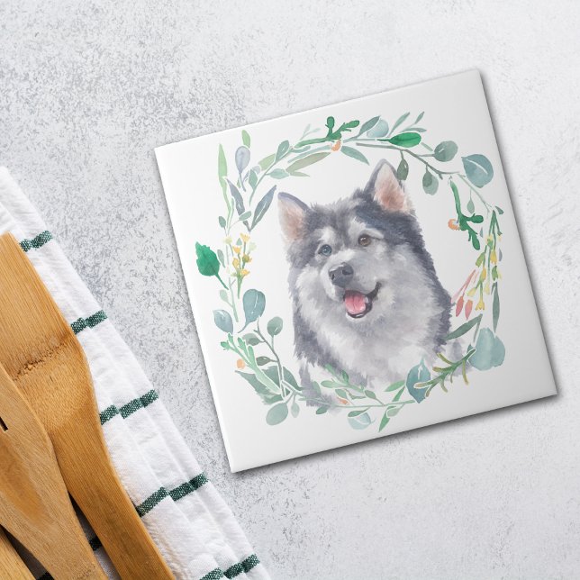 Alaskan Malamute Dog Watercolor Wreath Tile (Creator Uploaded)
