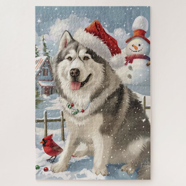 Alaskan Malamute Dog Winter Wonderland Christmas  Jigsaw Puzzle (Vertical)