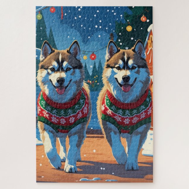 Alaskan Malamute Dogs Christmas Snow Holiday  Jigsaw Puzzle (Vertical)