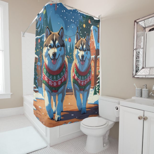 Alaskan Malamute Dogs Christmas Snow Holiday  Shower Curtain (In Situ)