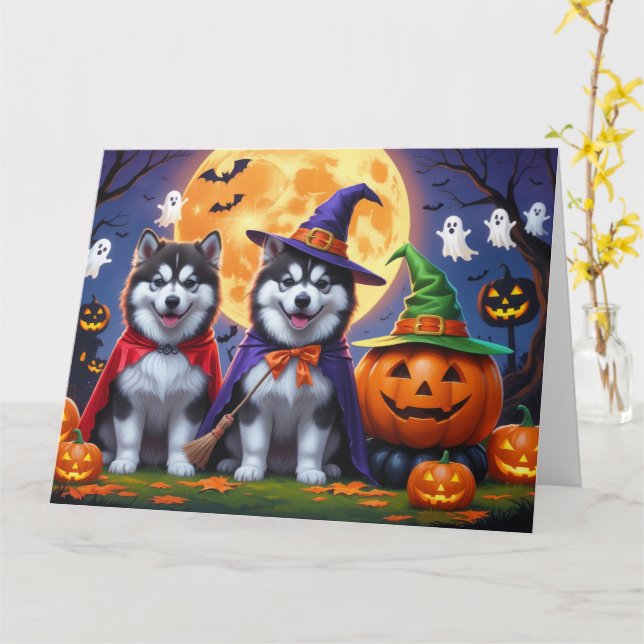 Alaskan Malamute Dogs Pumpkin Halloween Funny  Card (Yellow Flower)