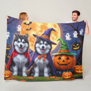 Alaskan Malamute Dogs Pumpkin Halloween Funny  Fleece Blanket