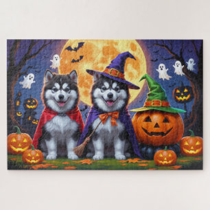 Alaskan Malamute Dogs Pumpkin Halloween Funny Jigsaw Puzzle