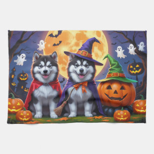 Alaskan Malamute Dogs Pumpkin Halloween Funny  Tea Towel