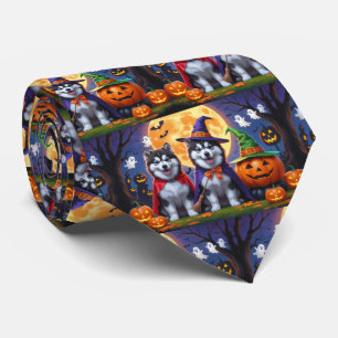 Alaskan Malamute Dogs Pumpkin Halloween Funny  Tie