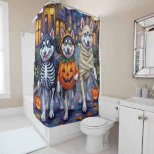 Alaskan Malamute Dogs Trick-or-Treating Halloween Shower Curtain