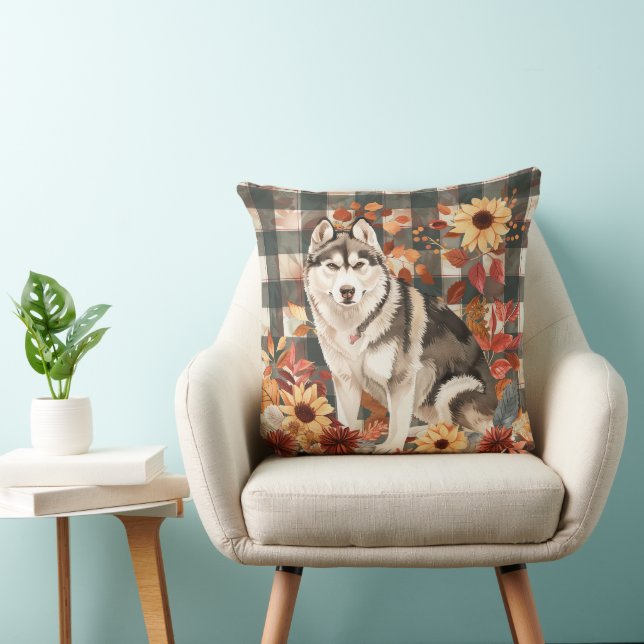 Alaskan Malamute Fall Watercolor Flowers Cushion (Chair)