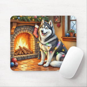 Alaskan Malamute Fireplace with Christmas Lights Mouse Mat
