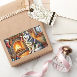 Alaskan Malamute Fireplace with Christmas Lights Rectangular Sticker
