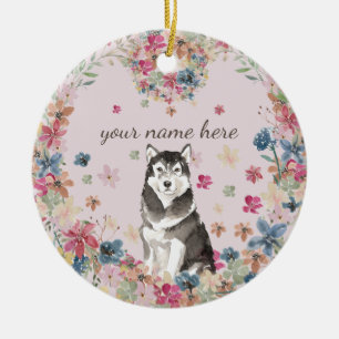 Alaskan Malamute Flower circle frame Dog Ceramic Tree Decoration