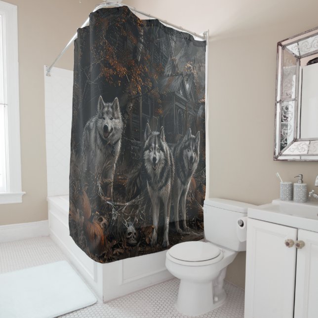 Alaskan Malamute Halloween Night Doggy Delight  Shower Curtain (In Situ)