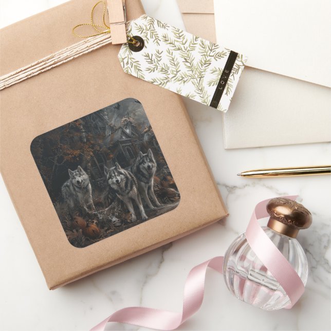 Alaskan Malamute Halloween Night Doggy Delight  Square Sticker (Gifting)