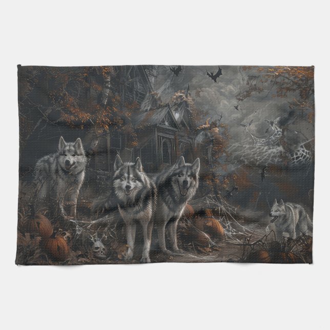 Alaskan Malamute Halloween Night Doggy Delight  Tea Towel (Horizontal)