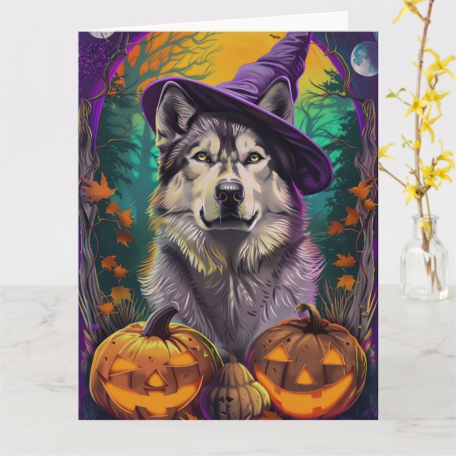  Alaskan Malamute Halloween Witch and Pumpkin  Card (Yellow Flower)