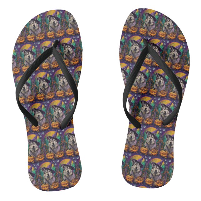 Alaskan Malamute Halloween Witch and Pumpkin  Flip Flops (Footbed)