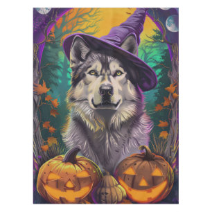 Alaskan Malamute Halloween Witch and Pumpkin  Tablecloth