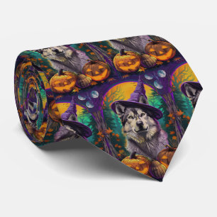 Alaskan Malamute Halloween Witch and Pumpkin Tie