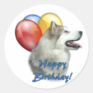 Alaskan Malamute Happy Birthday Balloons Classic Round Sticker
