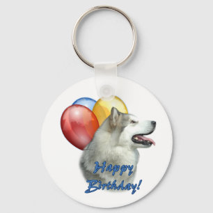 Alaskan Malamute Happy Birthday Balloons Key Ring