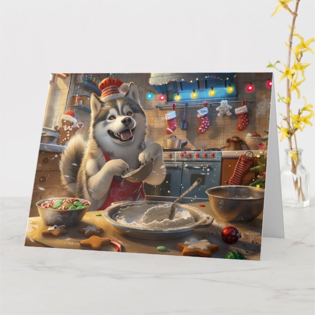 Alaskan Malamute Holiday Baking: Festive Christmas Card (Yellow Flower)