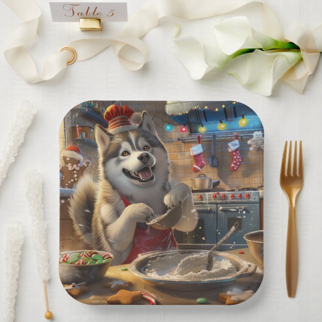 Alaskan Malamute Holiday Baking: Festive Christmas Paper Plate (Wedding)