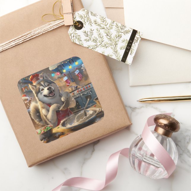 Alaskan Malamute Holiday Baking: Festive Christmas Square Sticker (Gifting)