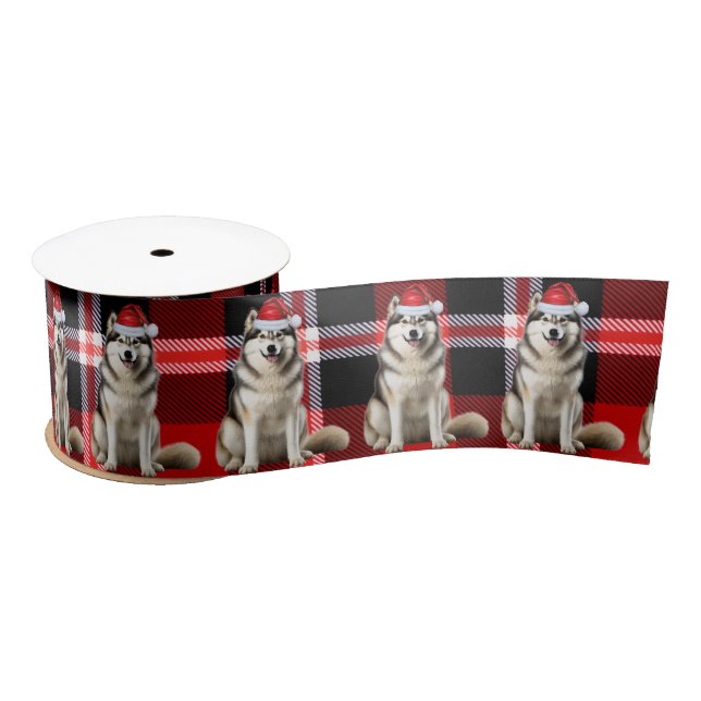 Alaskan Malamute Holiday Plaid Funny Dog Christmas Satin Ribbon (Spool)