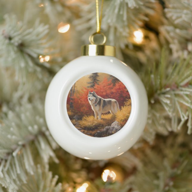 Alaskan Malamute  in Autumn Leaves Fall Inspired  Ceramic Ball Christmas Ornament (Tree)