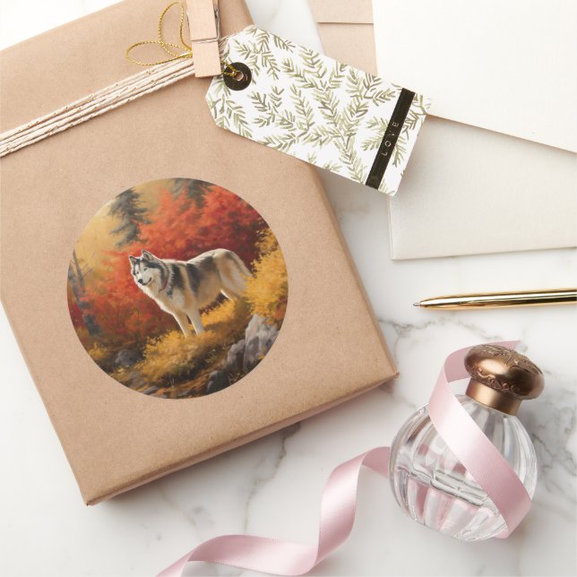 Alaskan Malamute  in Autumn Leaves Fall Inspired  Classic Round Sticker (Gifting)