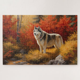 Alaskan Malamute  in Autumn Leaves Fall Inspired  Jigsaw Puzzle